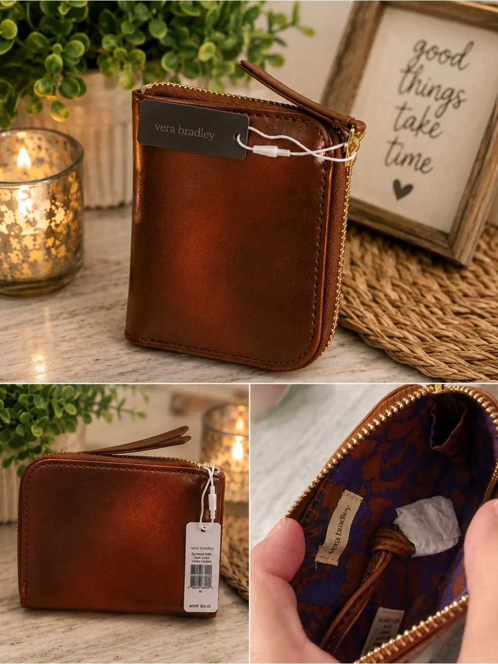 Vera Bradley Leather Zip Around Wallet Wristlet Brownze NWT